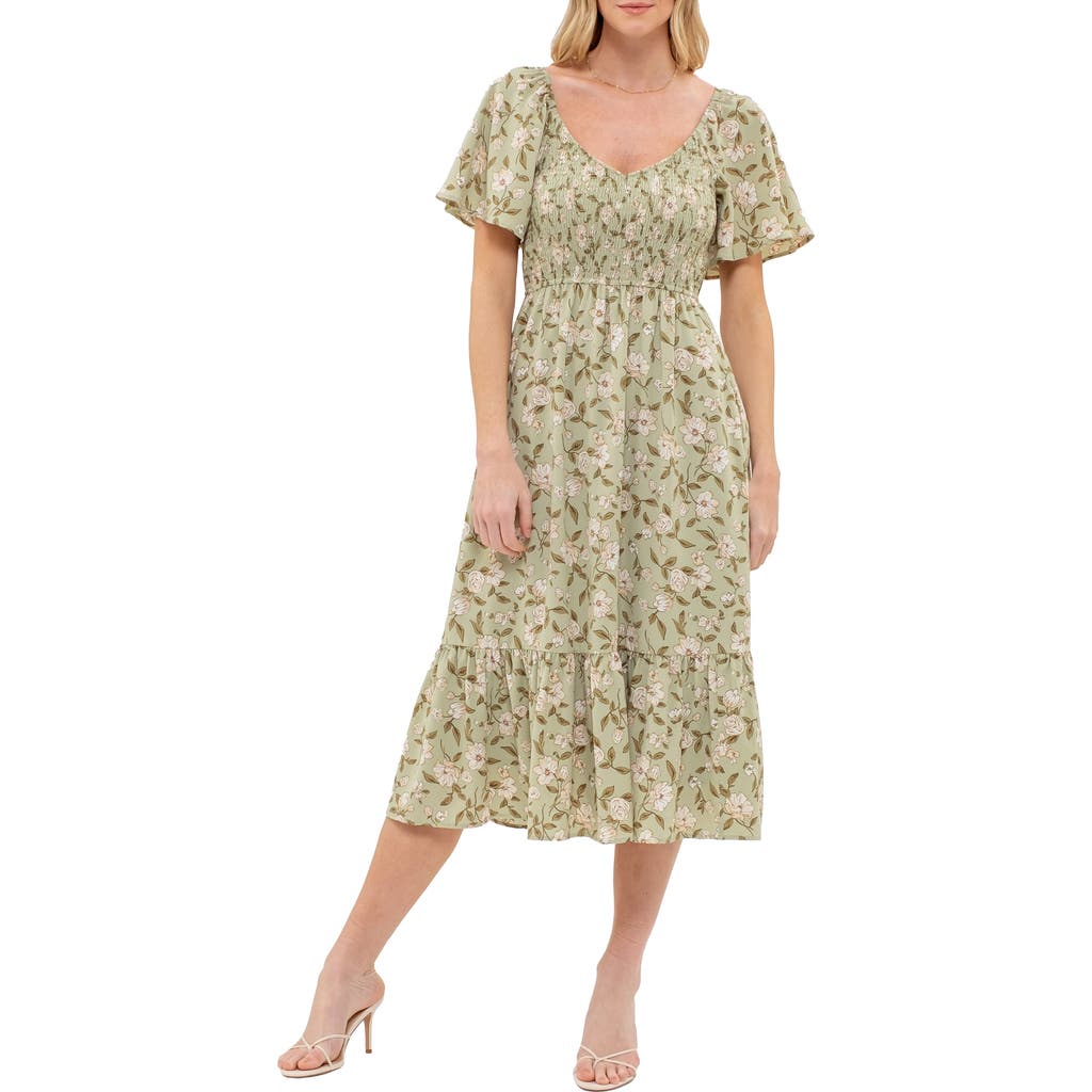 August Sky Floral Smocked Short Sleeve Midi Dress In Light Olive Multi