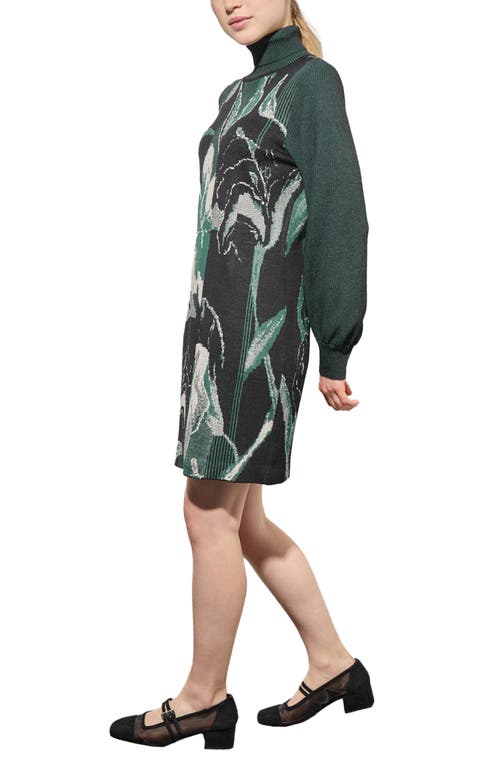 Shop Ming Wang Botanical Long Sleeve Jacquard Knit Sweater Dress In Black/forest