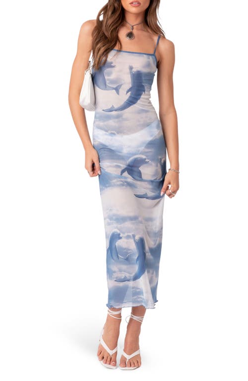 EDIKTED Dolphin Print Sheer Mesh Slipdress Blue at Nordstrom,