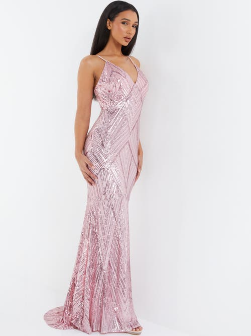 Shop Quiz Sequin V Neck Strap Fishtail Maxi Dress In Pink