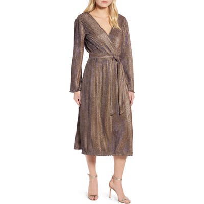 Chaus Sparkle Ribbed Long Sleeve Faux Wrap Dress, Metallic