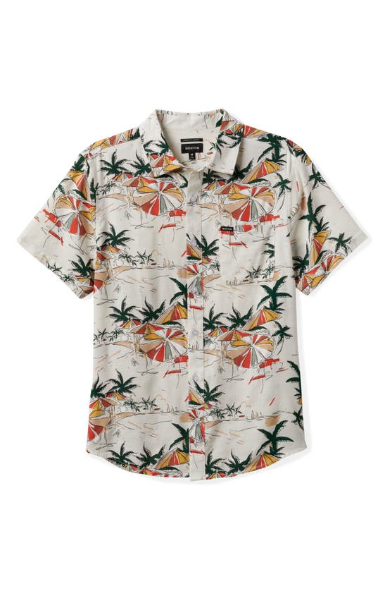 Shop Brixton Charter Classic Fit Tropical Print Short Sleeve Slub Button-up Shirt In Off White Umbrella Scene