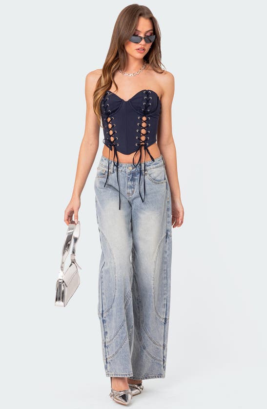 Shop Edikted Mckenna Lace-up Strapless Corset Crop Top In Navy