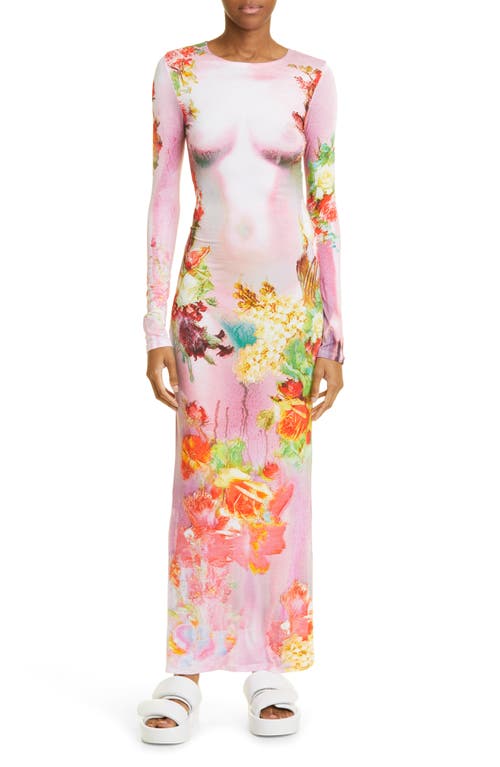 Jean Paul Gaultier Floral Body Print Crop Long Sleeve Dress in Pink/Yellow
