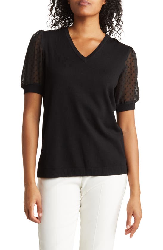 Adrianna Papell Clip Dot Short Sleeve Sweater In Black
