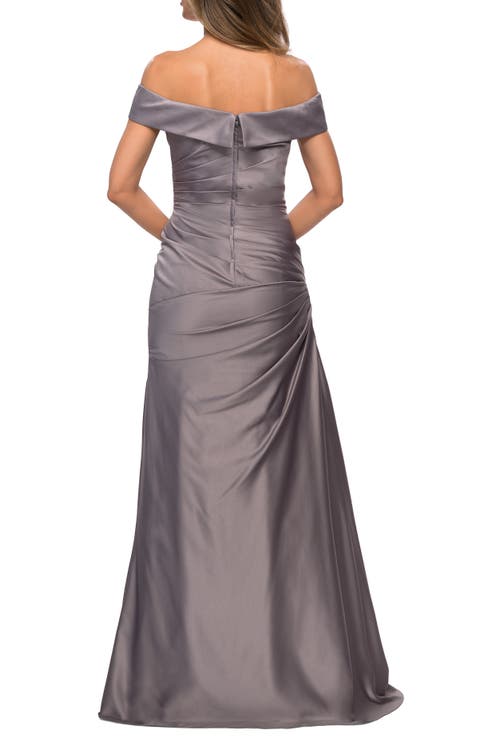 Shop La Femme Off The Shoulder Satin Evening Dress With Pleating In Platinum