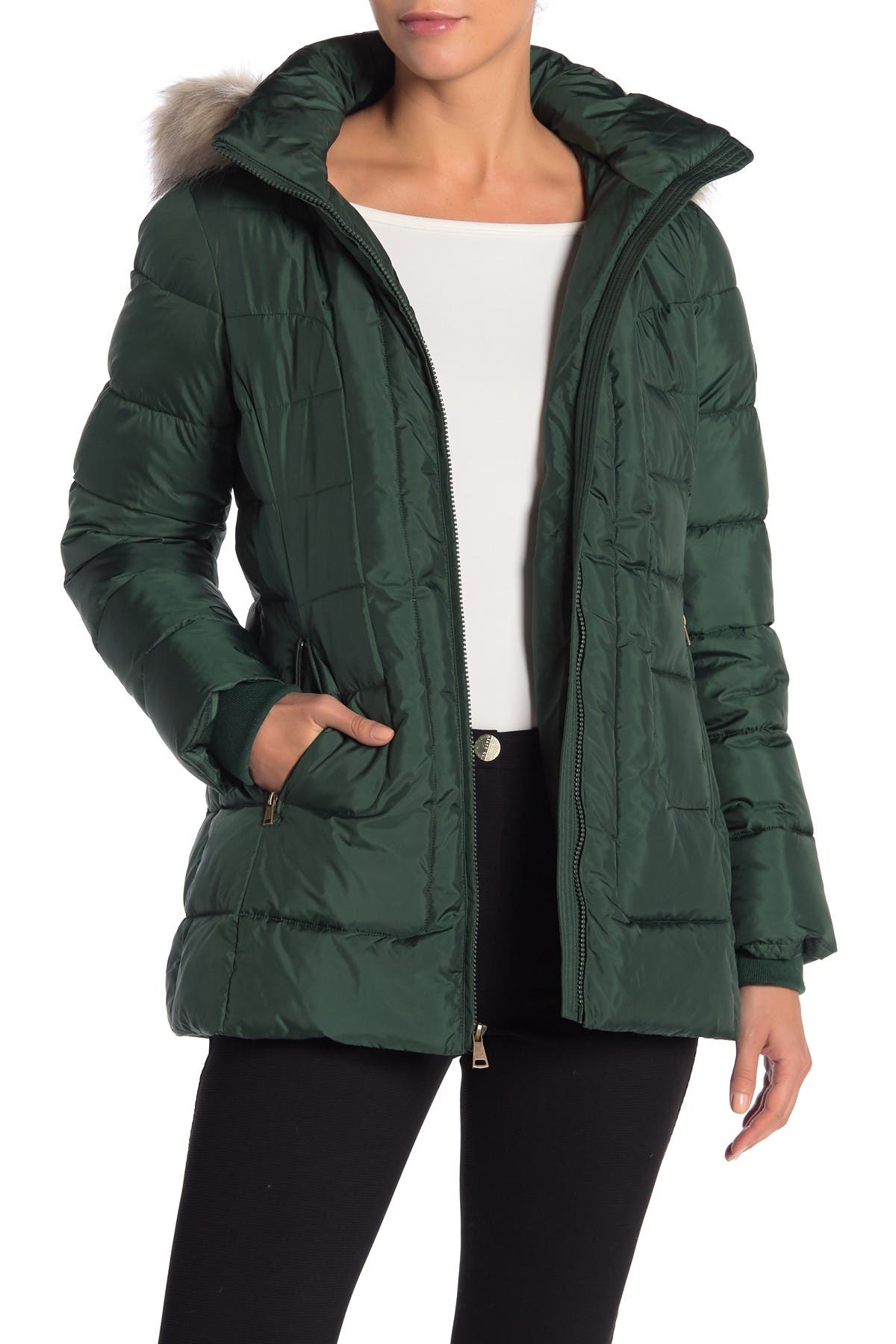 larry levine quilted down faux fur hood coat