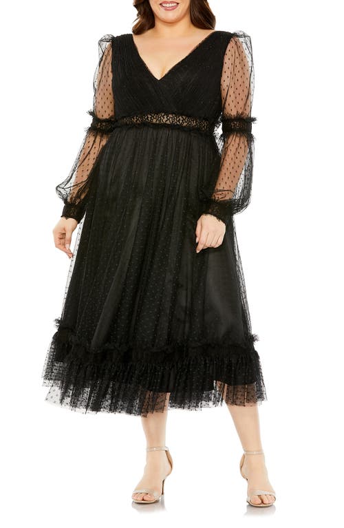 Polka Dot Long Sleeve V-Neck Midi Cocktail Dress in Black