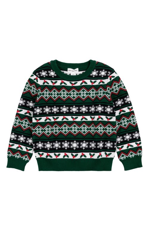 MILES THE LABEL Kids' Fair Isle Holiday Jacquard Organic Cotton Crewneck Sweater in Dark Green 