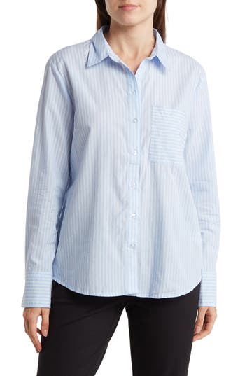 Shop Ellen Tracy Stripe High-low Button-up Shirt In White/blue Stripe