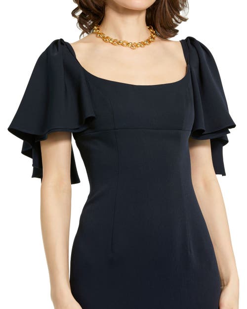 Mac Duggal Crepe Ruffle Sleeve Fitted Maxi Dress In Navy