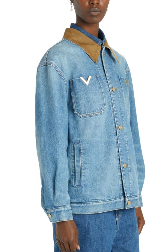 Shop Valentino Corduroy Trim Denim Jacket In Denim Blu Lav Chiaro