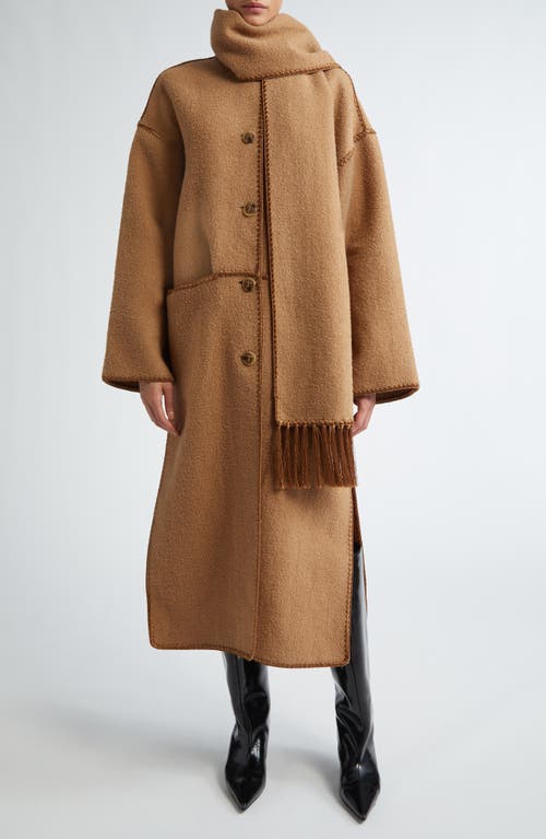 Shop Totême Toteme Embroidered Scarf Wool Blend Coat In Camel