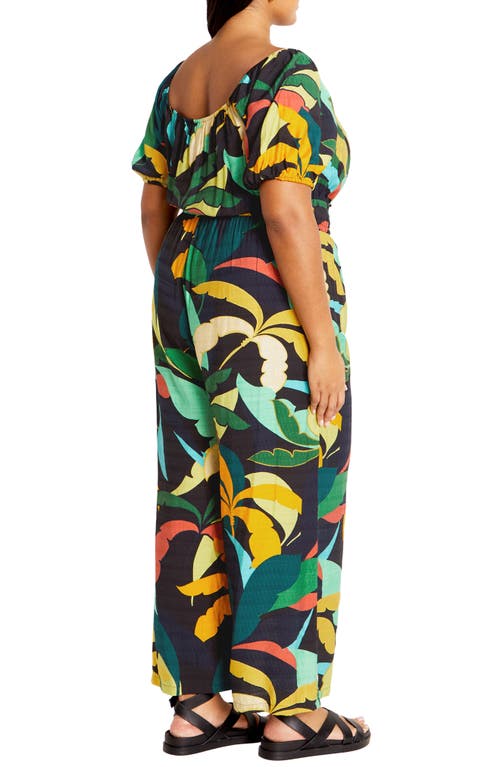 Shop City Chic Erica Palm Print Wide Leg Jumpsuit In Barbados