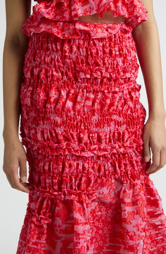 Shop Cecilie Bahnsen Vianca Smocked Fil Coupé Midi Skirt In Magenta / Red