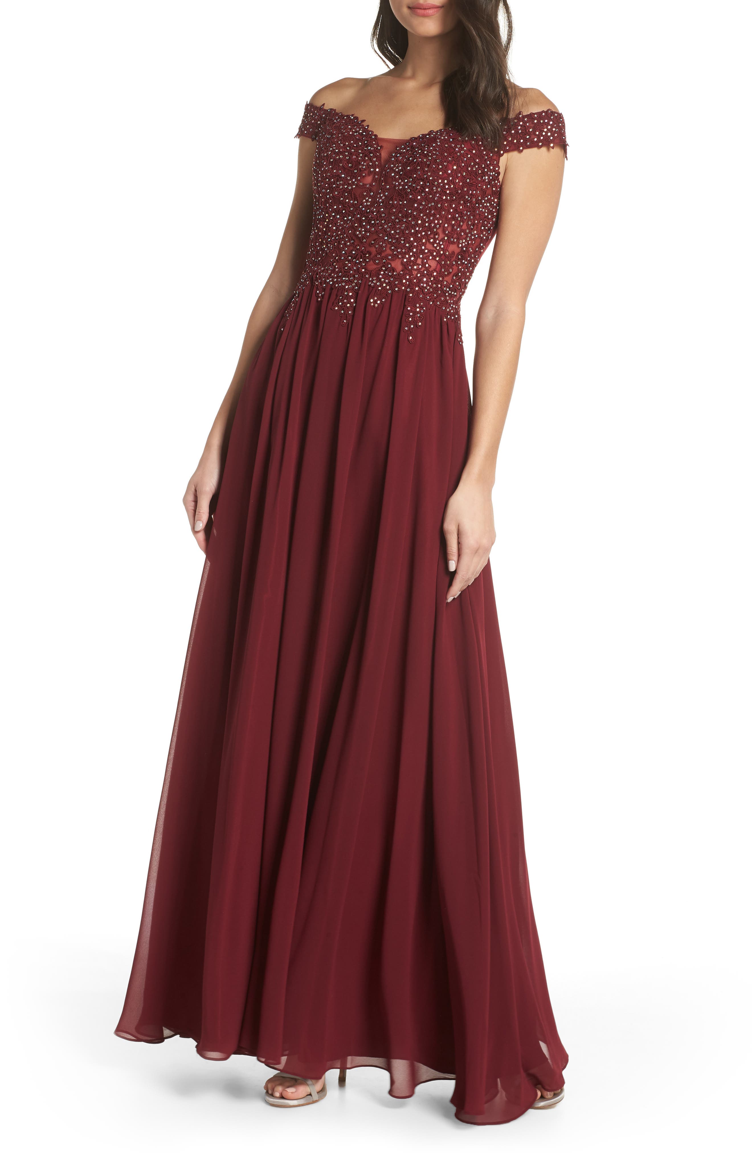 Blondie Nites Off The Shoulder Illusion Back Gown, Burgundy