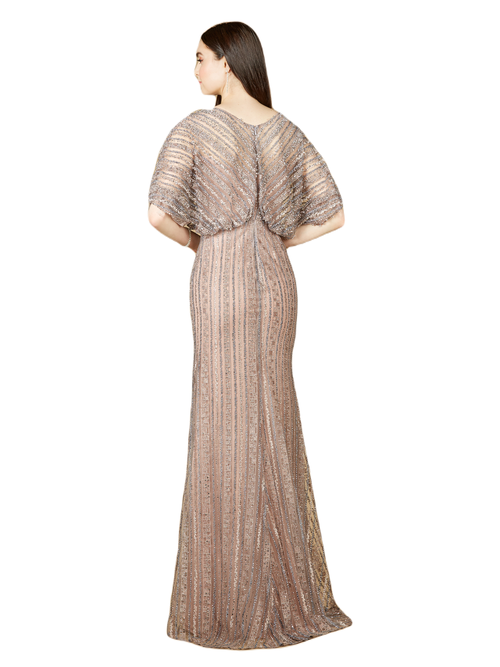 Lara New York Cape Sleeve V-neck Gown With Geometric Beading In Dustypurple