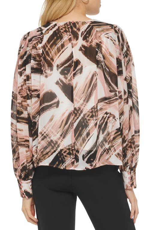Shop Dkny Abstract Print Balloon Sleeve Top In Ivory/gold Sand Multi