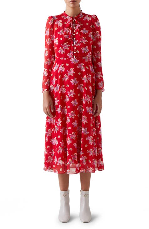 Keira Floral Print Long Sleeve Silk Midi Dress