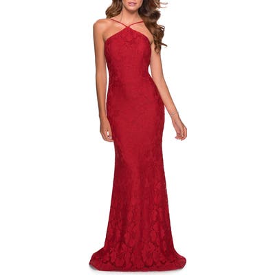 La Femme Beaded Lace Trumpet Gown, Red