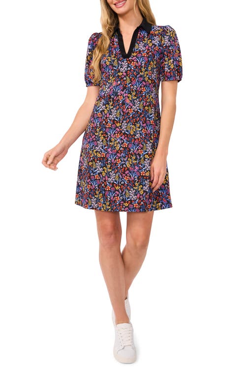 Cece Floral Puff Sleeve Polo Dress In Rich Black