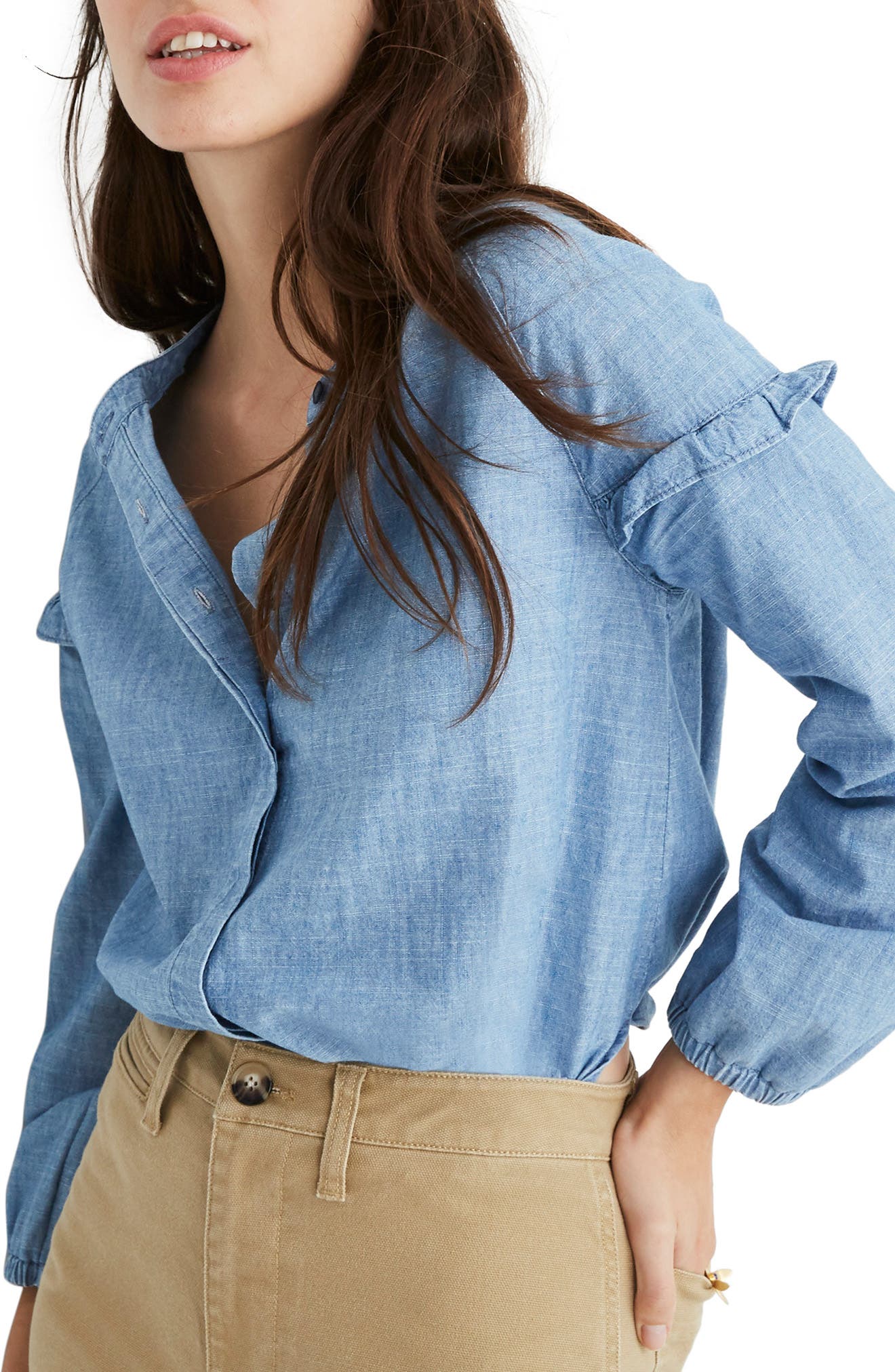 denim ruffle sleeve shirt