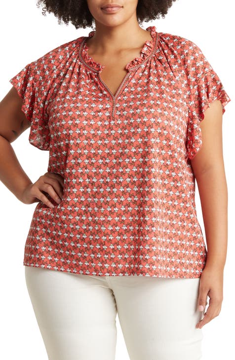Ditsy Flutter Sleeve Top (Plus Size)