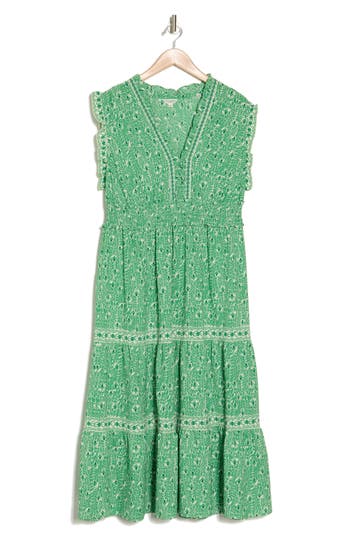 Max Studio Print Ruffle Tiered Maxi Dress In Green Whispering Cloves