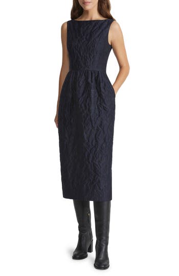 Lafayette 148 Flora Bloom Cloqué Jacquard Cotton-silk Midi Dress In Midnight Blue