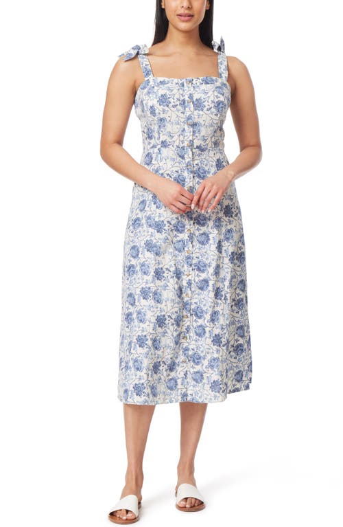 C C California Ellis Floral Button Front Linen Blend Sundress in Snow White Indigo Floral Smart Closet