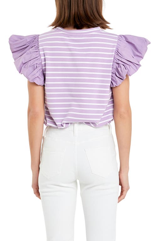 English Factory Mixed Media Stripe Ruffle Sleeve Top In Lilac/white