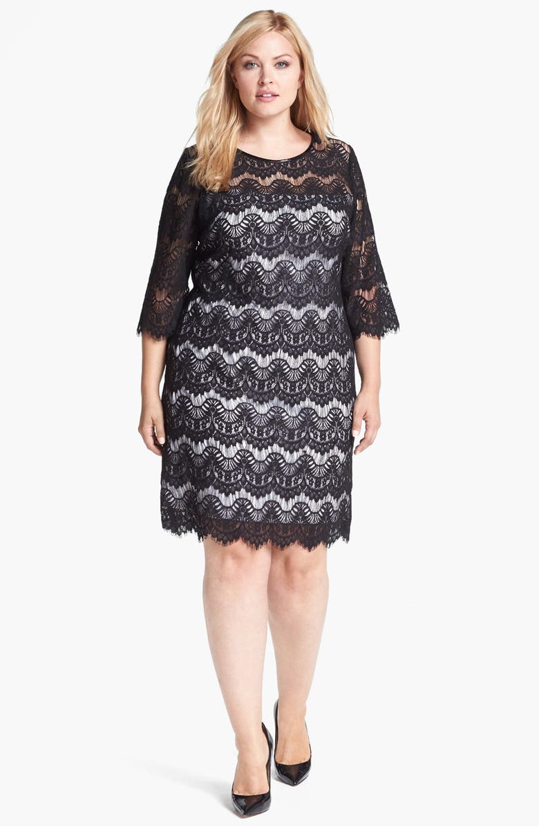Calvin Klein Faux Leather Trim Lace Dress (Plus Size) | Nordstrom