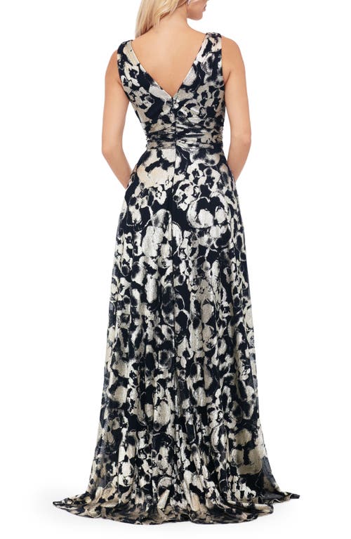 Betsy & Adam Foil Deep V-neck Sleeveless Gown In Navy/gold