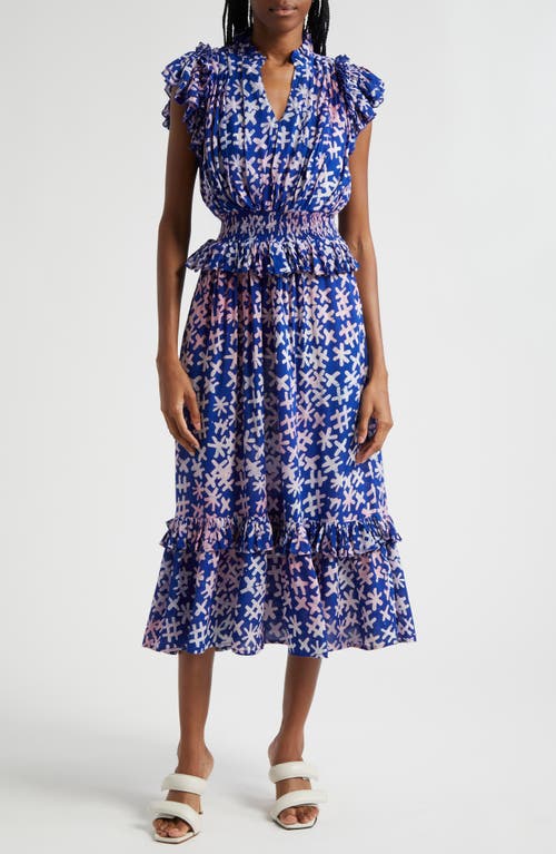 Shop Busayo Bukola Tiered Midi Dress In Blue/pink Multi