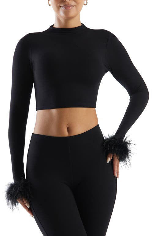 Naked Wardrobe Fly as a Feather Long Sleeve Crop Top Black at Nordstrom,