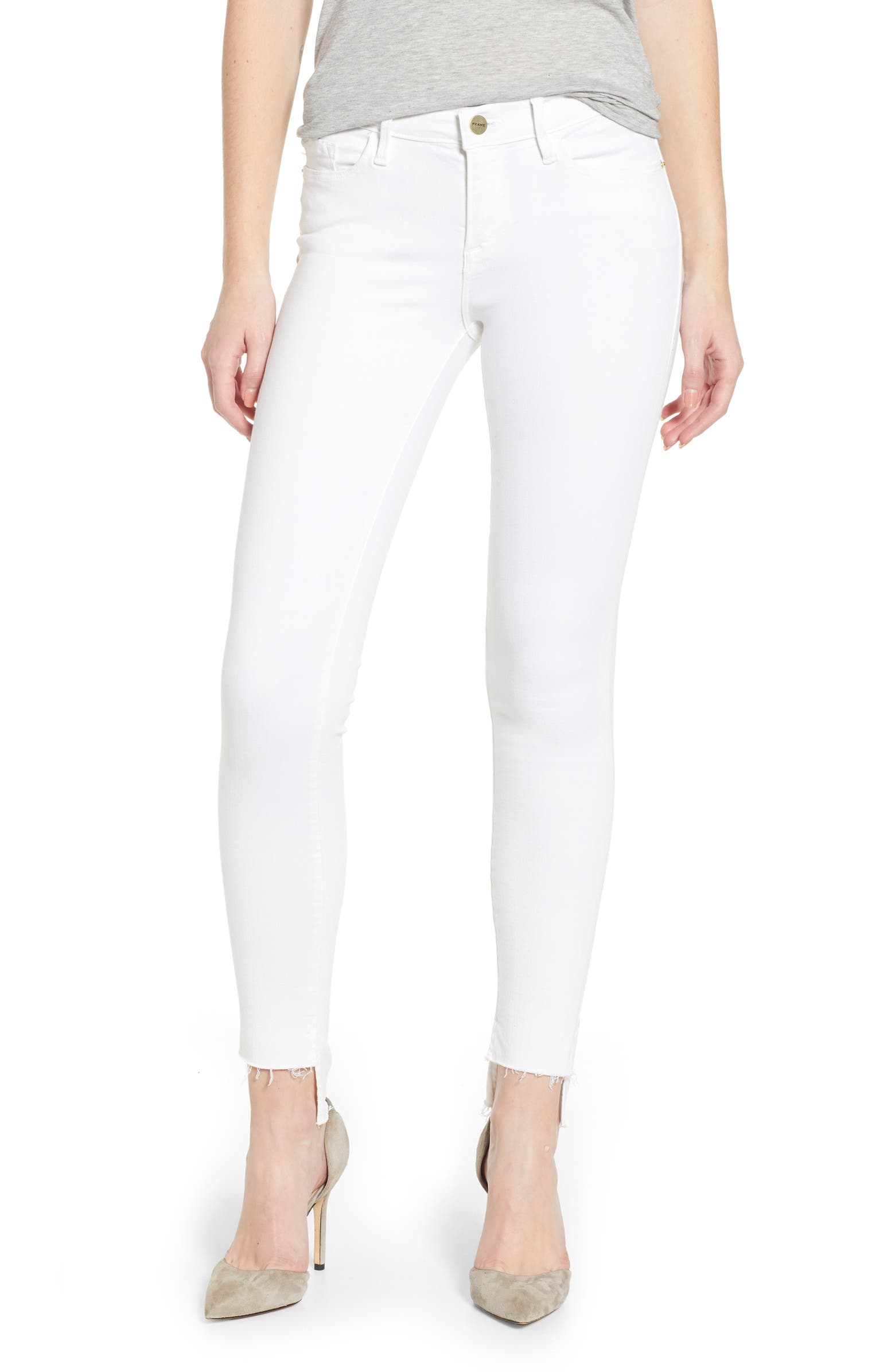 FRAME Le Skinny de Jeanne Raw Stagger Hem Jeans (Blanc) | Nordstrom