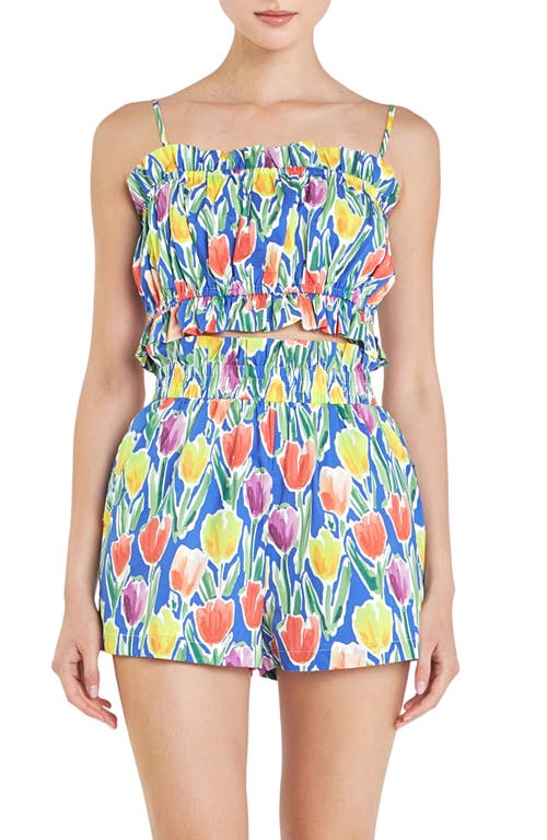English Factory Tulip Print Ruffle Cotton Crop Top In Blue Multi
