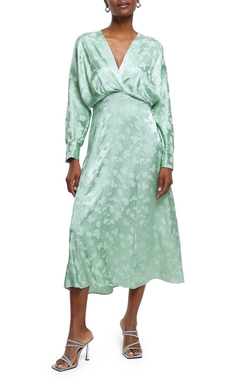 Floral Jacquard Long Sleeve Midi Dress in Green