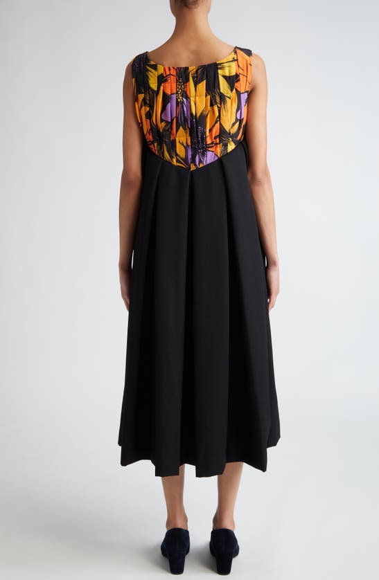 Shop Comme Des Garçons Floral Pleated Mixed Media High-low Dress In Black / Multi