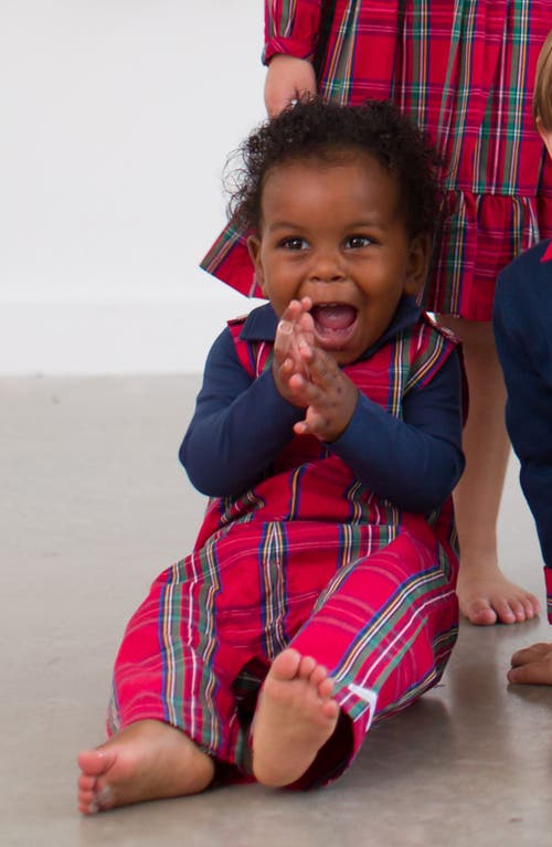 Shop Ruggedbutts Tis The Season Bodysuit Polo & Plaid Overalls Set In Red