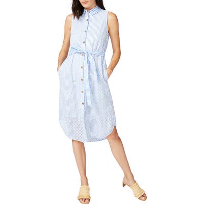 Court & Rowe Stripe Sleeveless Embroidered Eyelet Shirtdress, Blue