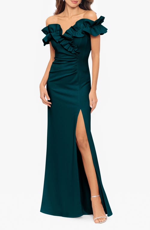 Xscape Evenings Ruffle Off The Shoulder Ruched Gown In Green