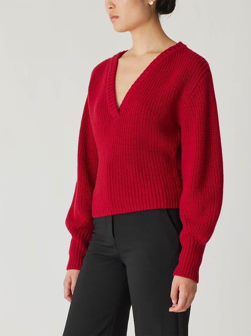 Rebecca Taylor Novlety Wool Victorian Slv V Neck In Red Lip