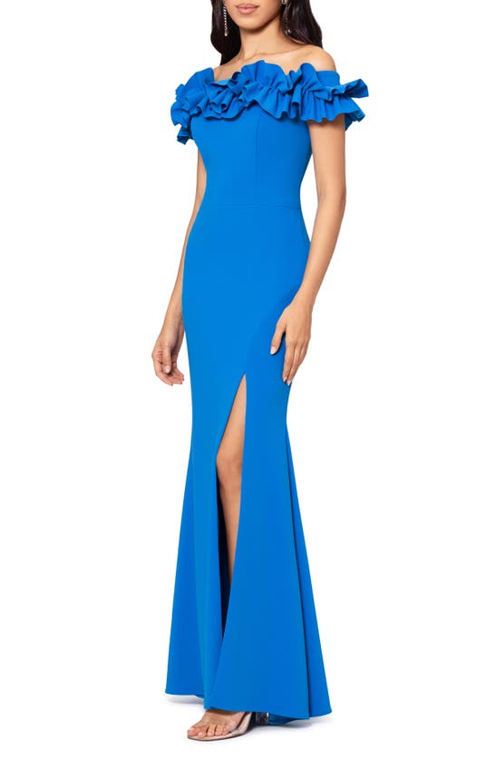Shop Xscape Evenings Off The Shoulder Ruffle Crepe Trumpet Gown In Turquoise