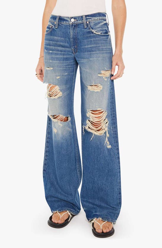 Shop Mother The Down Low Spinner Heel Ripped Low Rise Wide Leg Jeans In Bde