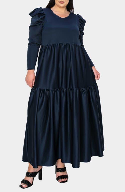 Shop L I V D Isabel Long Sleeve Tiered Maxi Dress In Navy