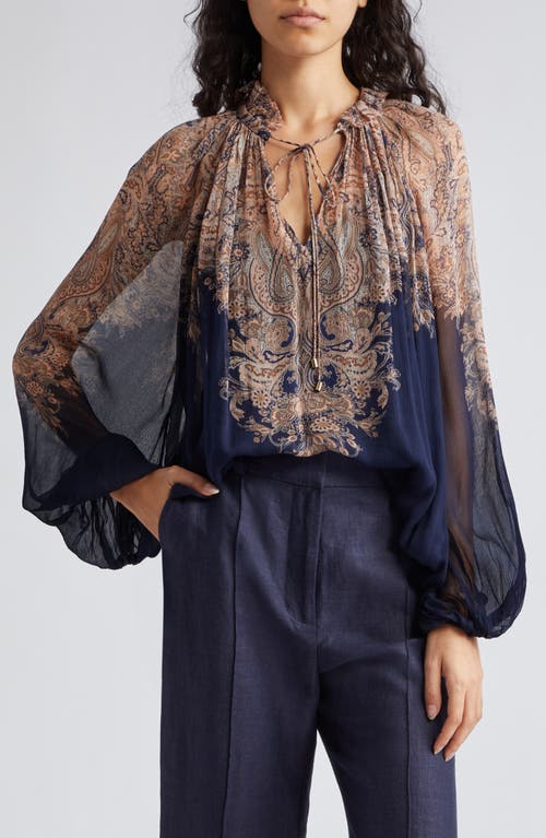 Zimmermann Natura Paisley Blouson Sleeve Chiffon Top in Navy Paisley at Nordstrom, Size 2