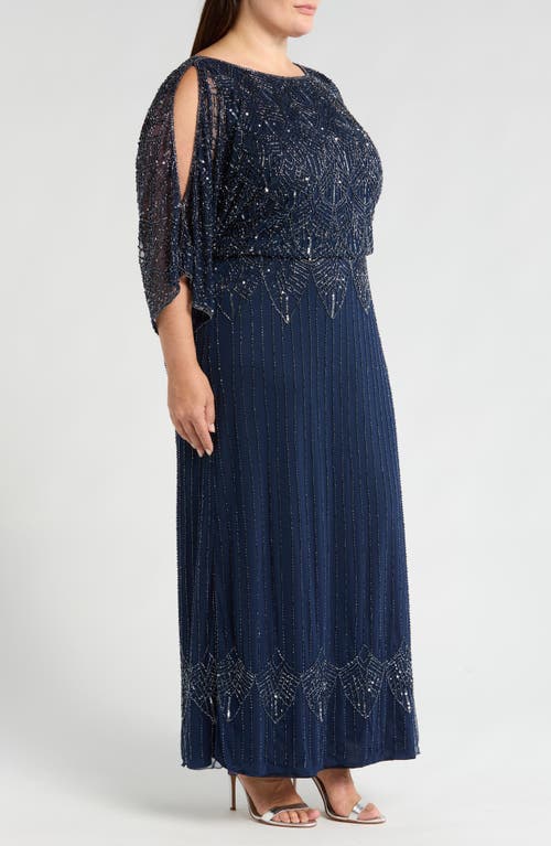 Pisarro Nights Beaded Cold Shoulder Blouson Gown In Navy 410