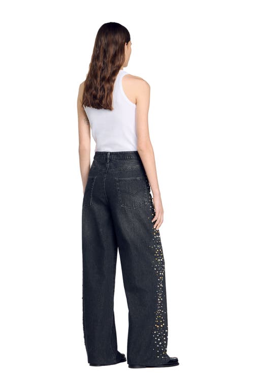 Shop Sandro Wide-leg Rhinestone Jeans In Black