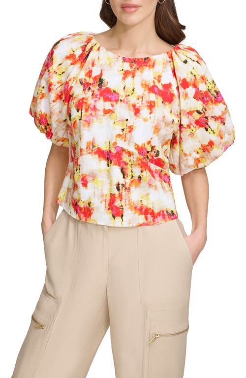 DKNY Abstract Print Puff Sleeve Linen Blend Top Ivory/Orange Blossom Multi at Nordstrom,